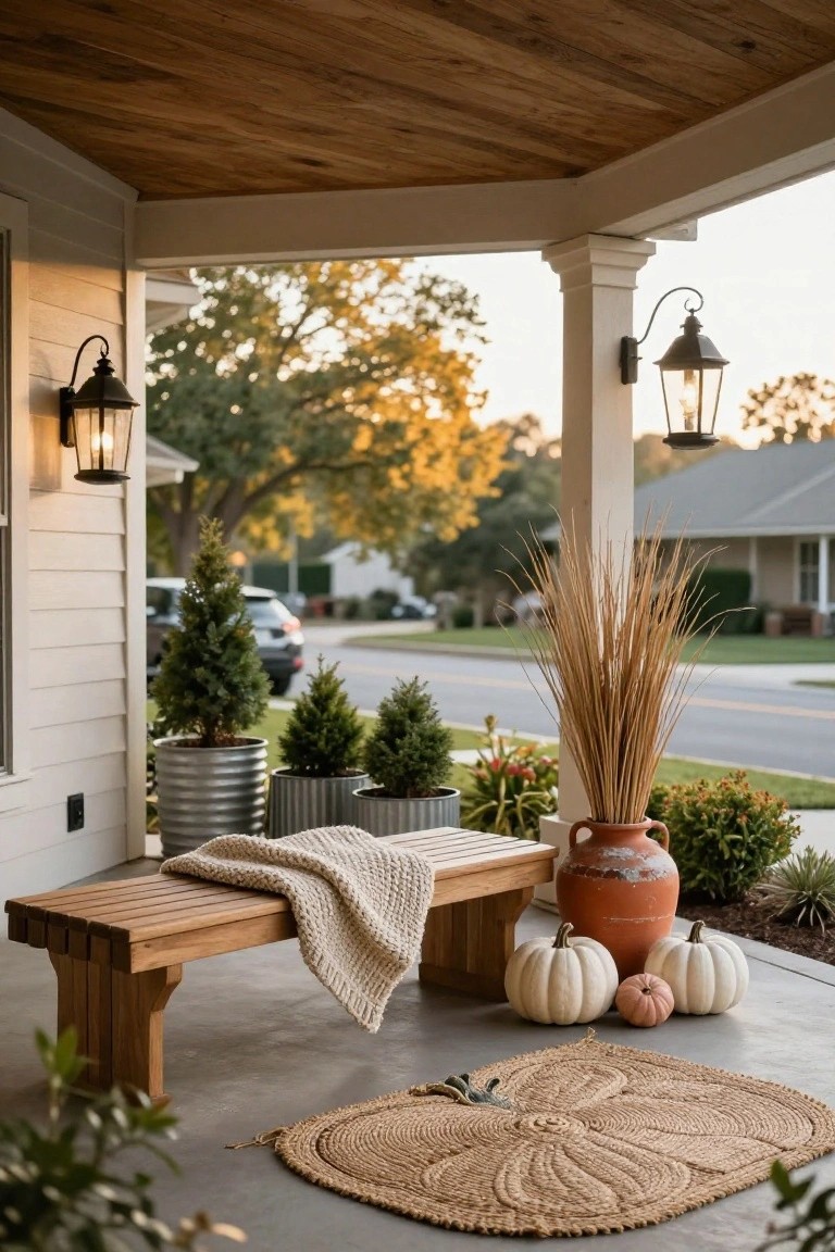 Covered front porch with wooden bench draped in white knit blanket, white pumpkins on concrete beside it, potted greenery in galvanized buckets, tall pampas grass in terracotta pot, seagrass rug, and lanterns on white house exterior.