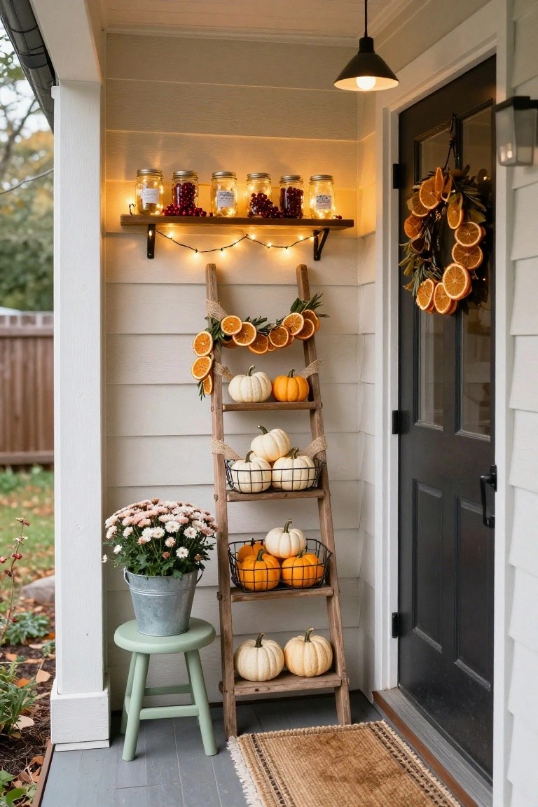 Wooden ladder shelf on a porch holding white and orange pumpkins in wire baskets, with dried orange slices draped along the sides, mason jars of cranberries on a shelf above, a garland wreath on the black front door, and a green stool with a potted mum plant nearby.