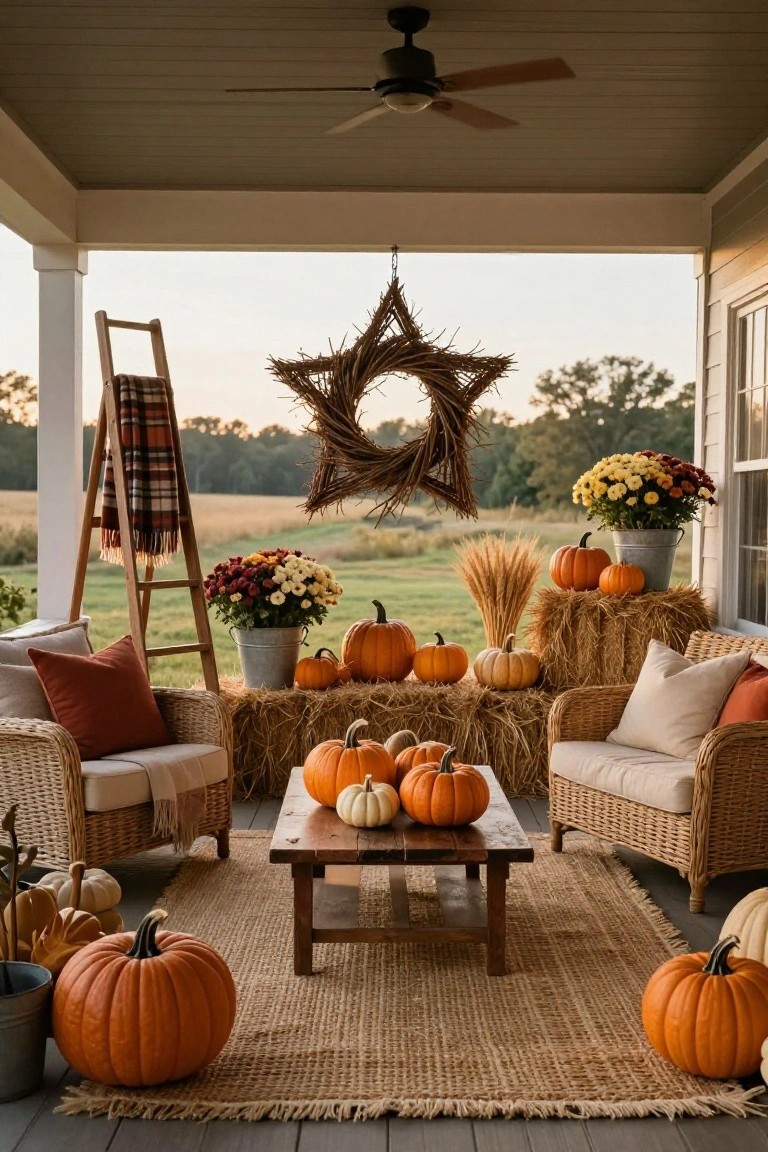 Covered porch with two wicker armchairs facing a low wood coffee table topped with pumpkins, flanked by stacked hay bales holding more pumpkins and flowers, wheat sheaves, a plaid throw on a ladder, and a large wheat wreath hanging above.