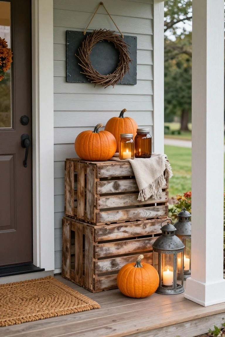 Autumn porch with stacked crates, pumpkins, lanterns, and wreath.