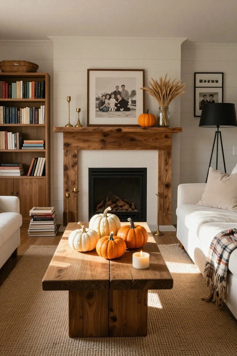 Cozy living room with wooden bookshelves, a rustic fireplace, white sofa with plaid throw, and a wooden coffee table holding white and orange pumpkins plus a white candle on a neutral rug.