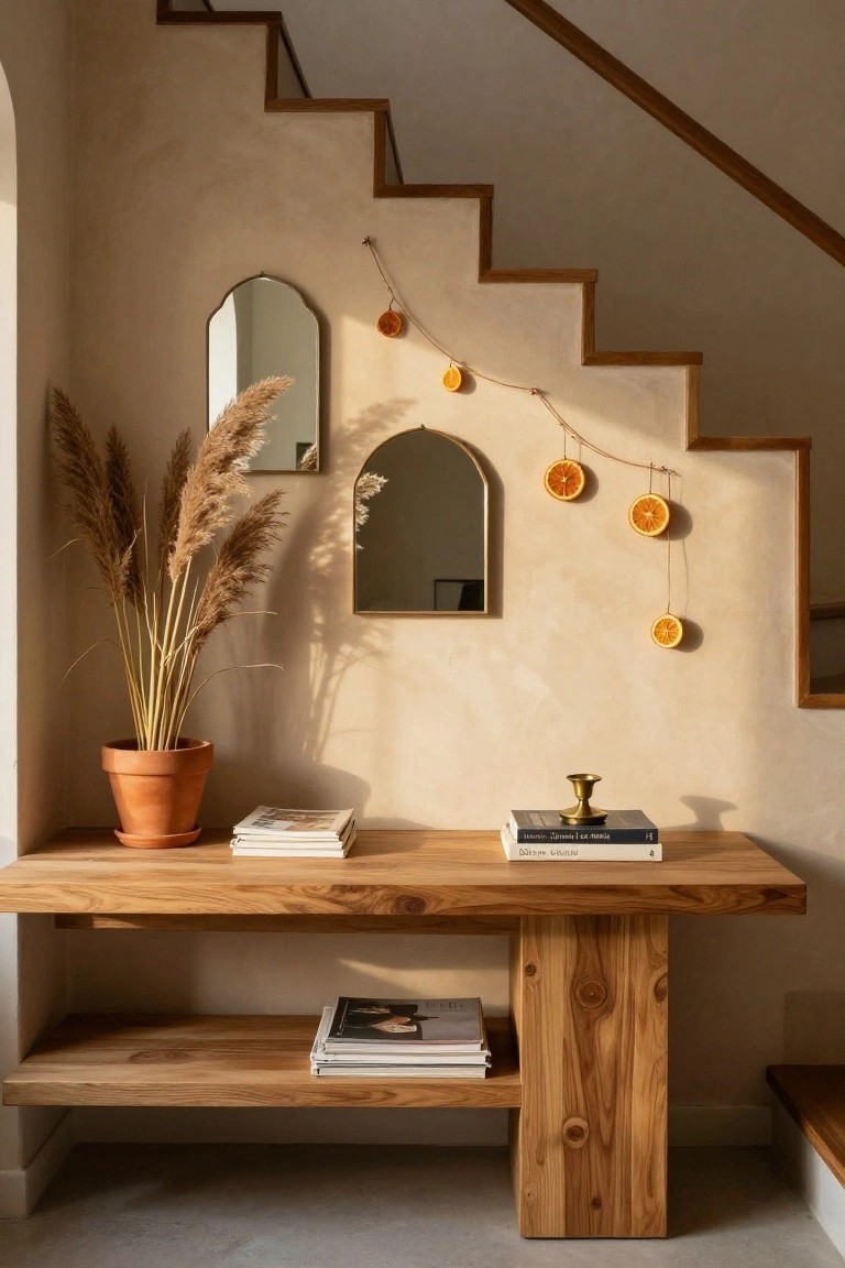 Wooden console table beside beige stairs with arched mirrors and pampas grass in terracotta pot on top, dried orange garland hanging along the staircase wall, books and candle on the surface.