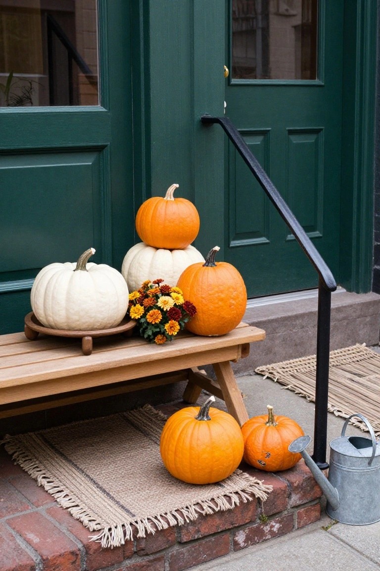 Front stoop with green double doors, wooden bench holding stacked orange and white pumpkins plus potted mums, additional pumpkins on the ground, woven mats, and a metal watering can.