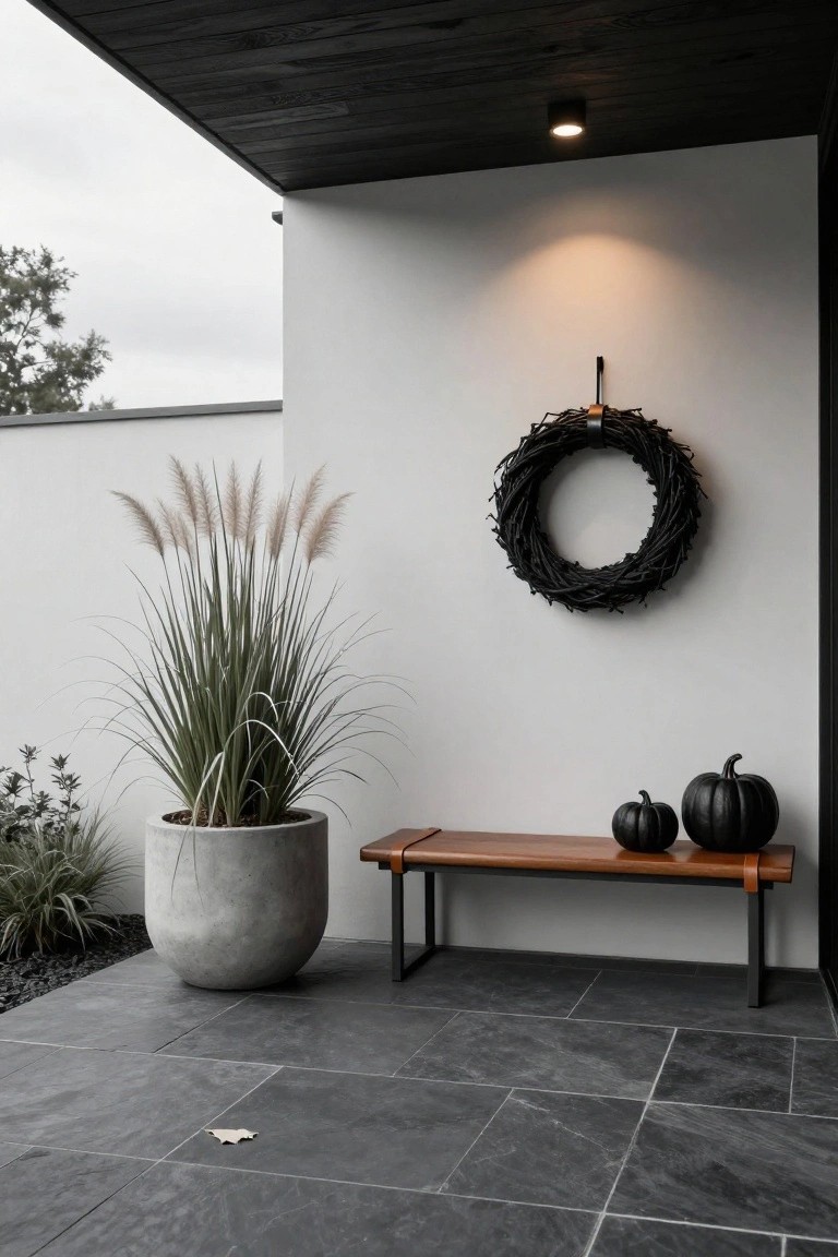 Modern patio with black wreath, wooden bench, and concrete plant pot.