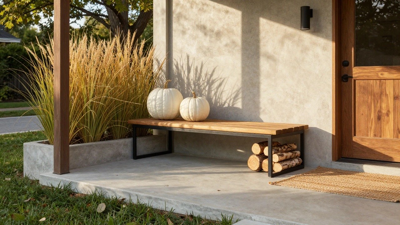 Front porch featuring a wooden bench with black metal legs, topped with two white pumpkins and a cream pillow, pampas grass in a gray pot nearby, wooden front door, black wall light, and seagrass doormat on concrete steps.
