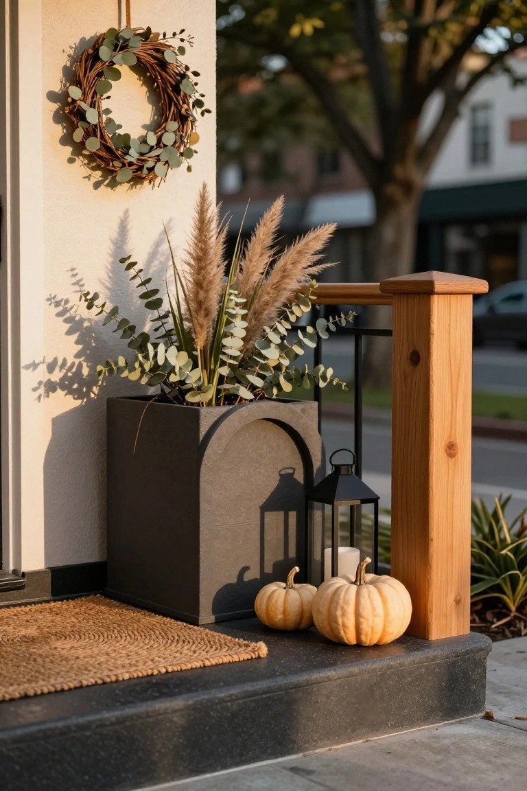 Front porch entry with a tall black squared concrete planter filled with pampas grass, eucalyptus branches, two small white pumpkins on the steps, black metal lanterns, a seagrass doormat, and an eucalyptus wreath hanging on the white wall next to a wooden railing.