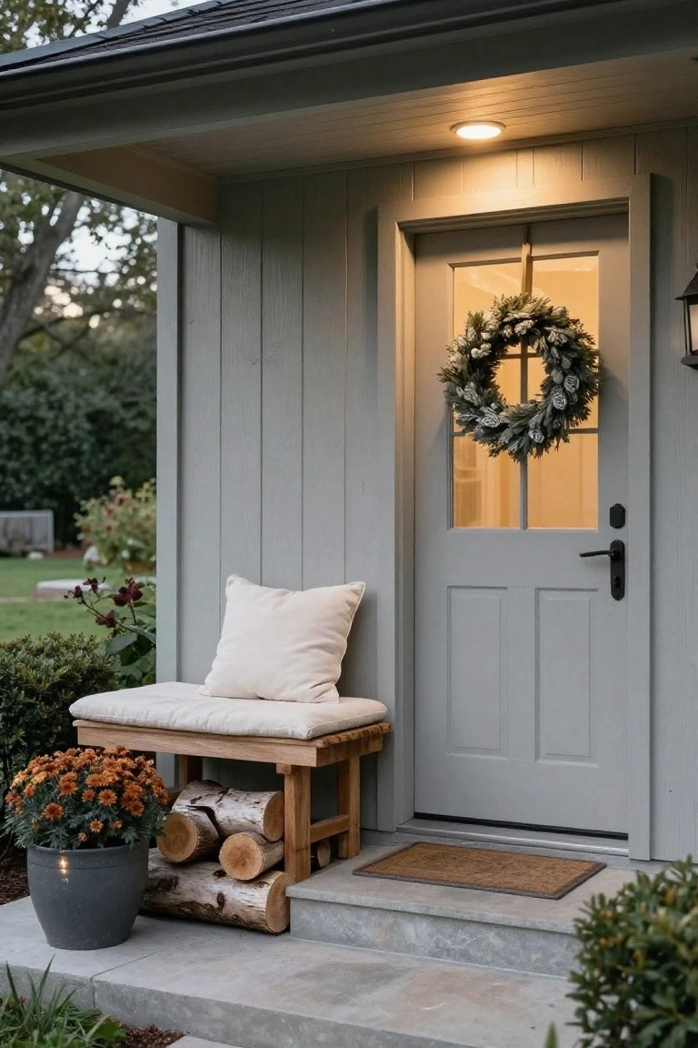 Gray wood-sided house front porch with light gray door hung with evergreen wreath, overhead recessed light, wooden bench holding white cushions above stacked birch logs, orange mum flowers in gray pot nearby, brown doormat on concrete steps.