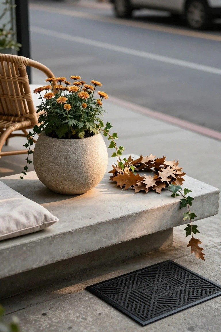 Stone bench with potted orange flowers, autumn leaves, and woven chair.