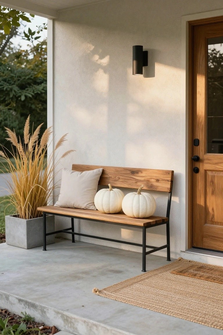 Front porch featuring a wooden bench with black metal legs, topped with two white pumpkins and a cream pillow, pampas grass in a gray pot nearby, wooden front door, black wall light, and seagrass doormat on concrete steps.