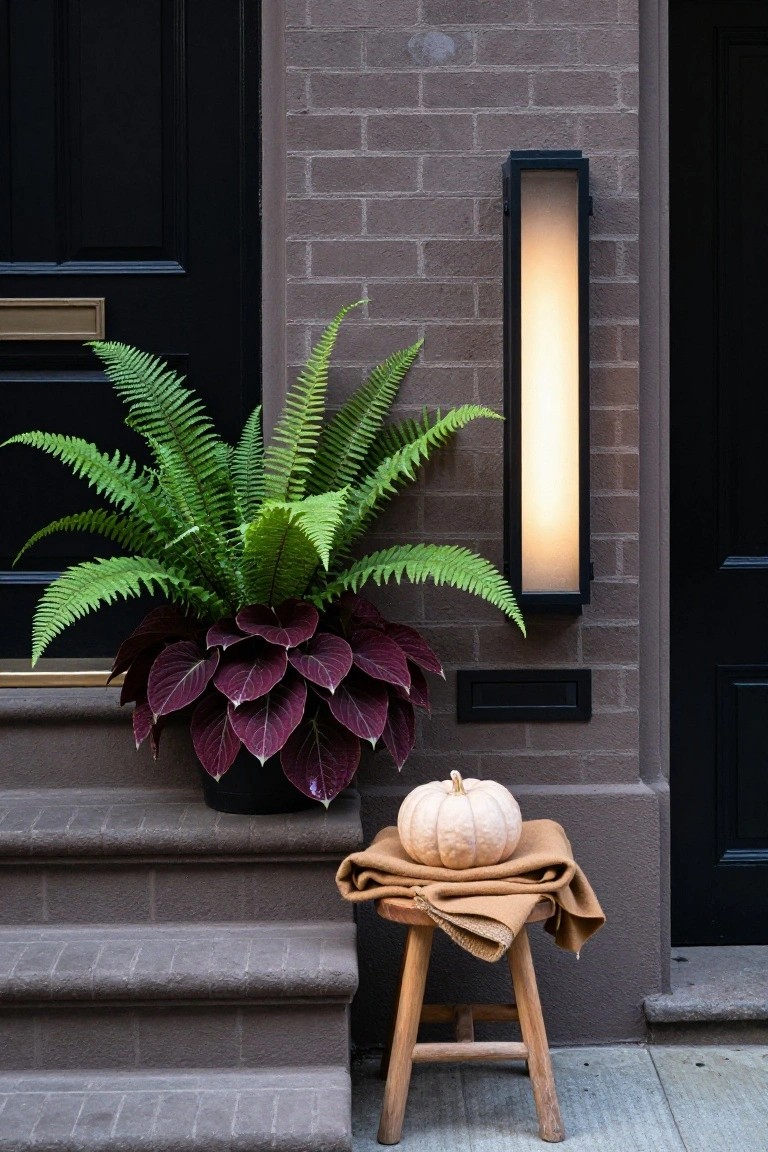Brown brick front porch steps leading to a black door, with a small wooden stool on the steps holding a beige folded blanket and small white pumpkin, potted ferns and purple coleus plants beside the entry, and a tall slim outdoor wall light on the brick wall.