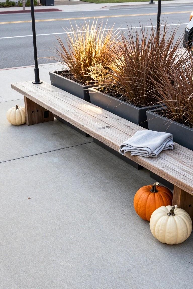 Wooden bench on concrete next to street, flanked by three black planters of tall brownish ornamental grasses, gray blanket folded on bench seat, small white and orange pumpkins placed at bench ends.