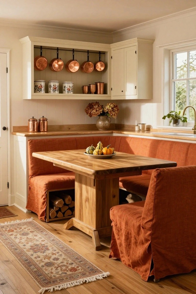 Kitchen corner with orange-upholstered built-in booth seating around a wooden table holding squash, white cabinets displaying copper pots and canisters, and a window above the sink.