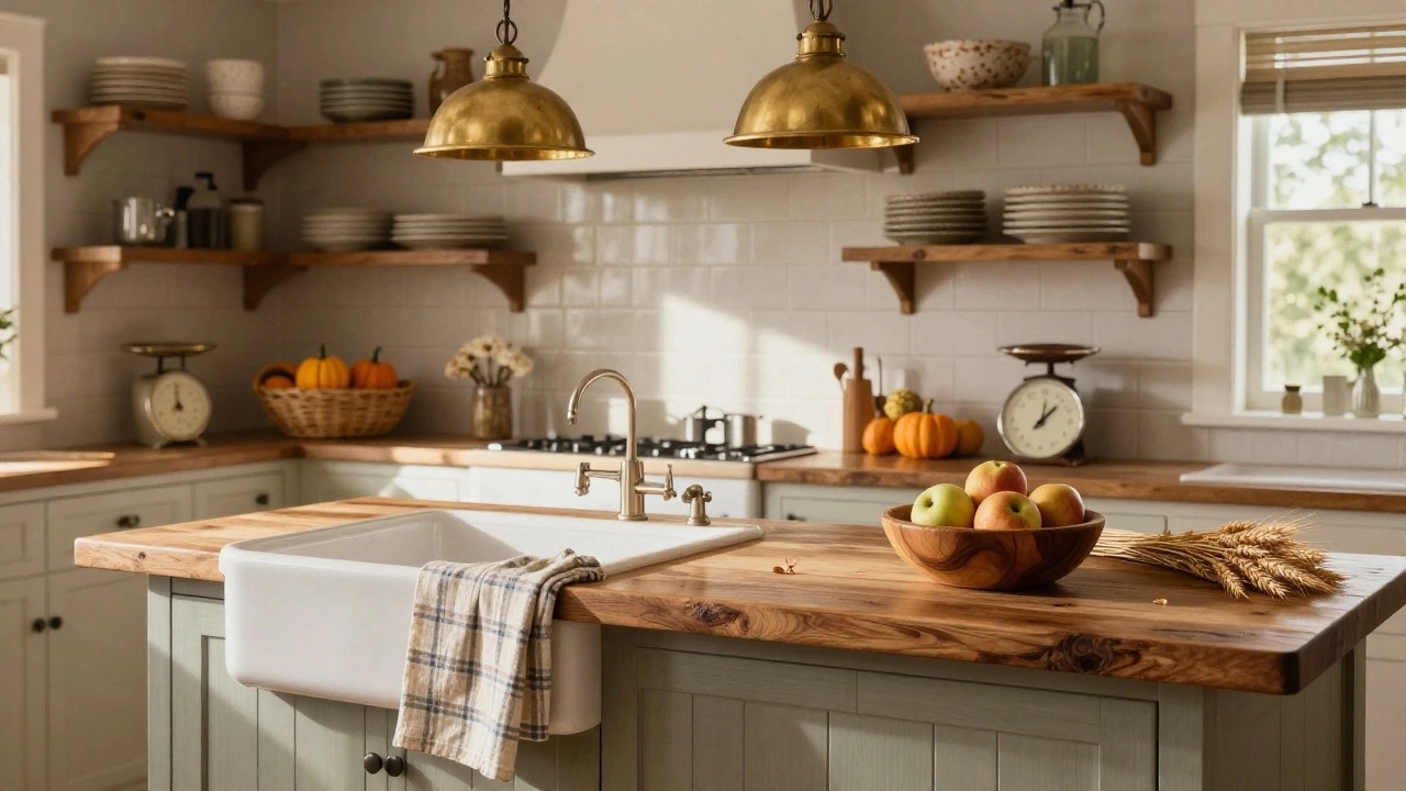 Kitchen with light gray cabinets, wooden-topped island holding a wooden bowl of green apples and wheat stalks, brass pendant lights, white subway tile backsplash, small pumpkins in a basket, and stacked plates on wooden shelves.