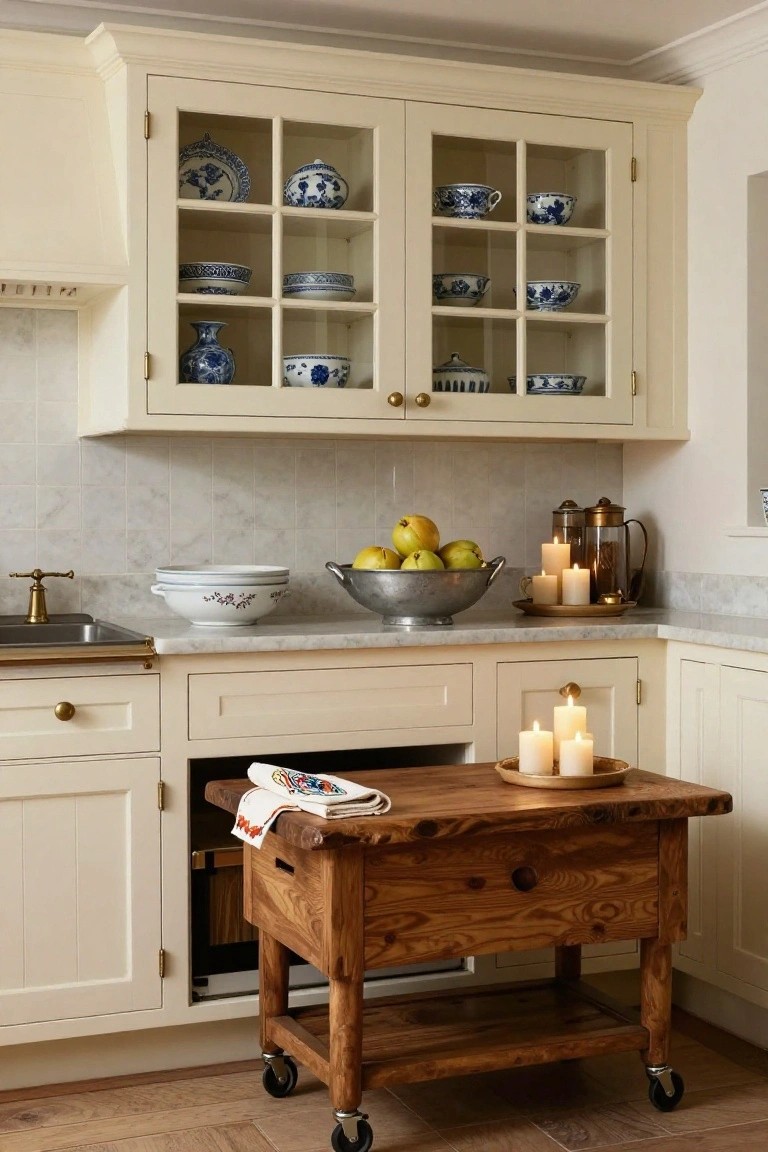 Cream cabinets with blue and white china in glass doors above a marble counter with apples and candles, next to a wooden rolling butcher block island cart holding more candles and a towel.