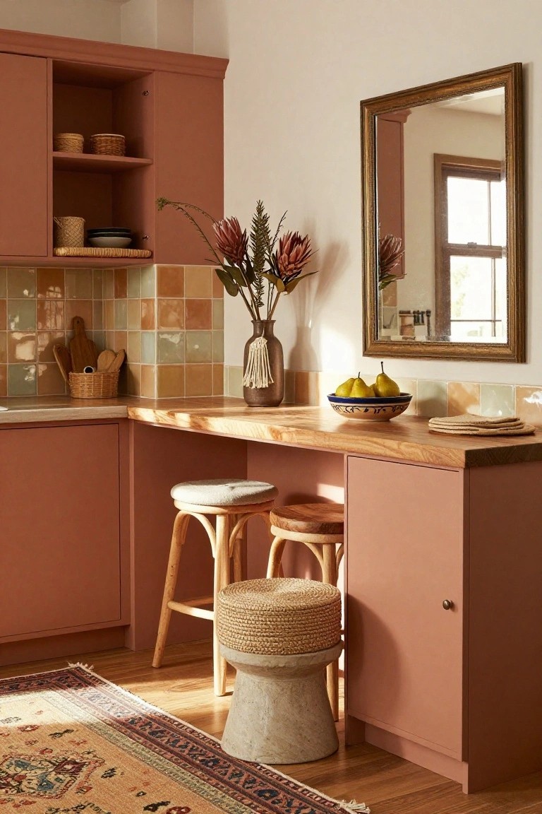 Kitchen corner with terracotta cabinets, light wood countertop, colorful hand-glazed tile backsplash, rattan and wicker stools, vase of protea flowers, bowl of pears, and woven baskets.