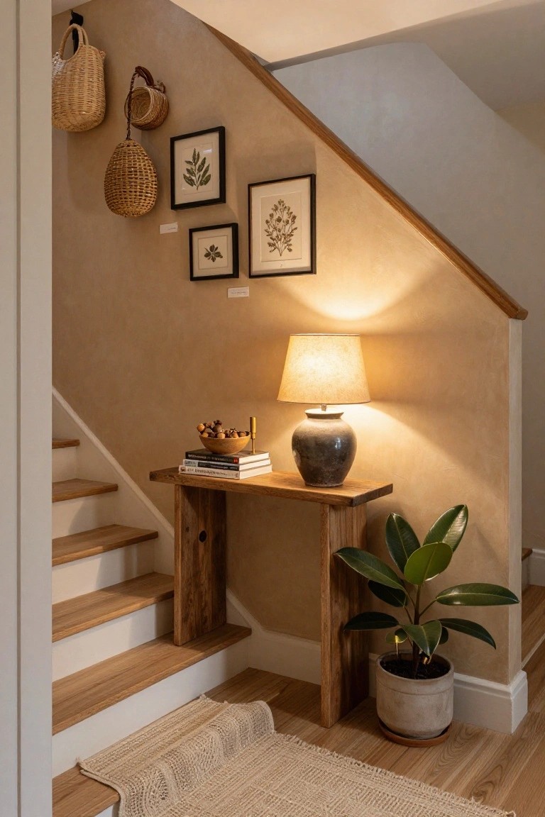 Beige stairwell interior with rustic wooden console table holding stacked books, ceramic lamp, wooden bowl of nuts, and gold candle holder, next to potted ficus plant, woven baskets and botanical prints on wall.