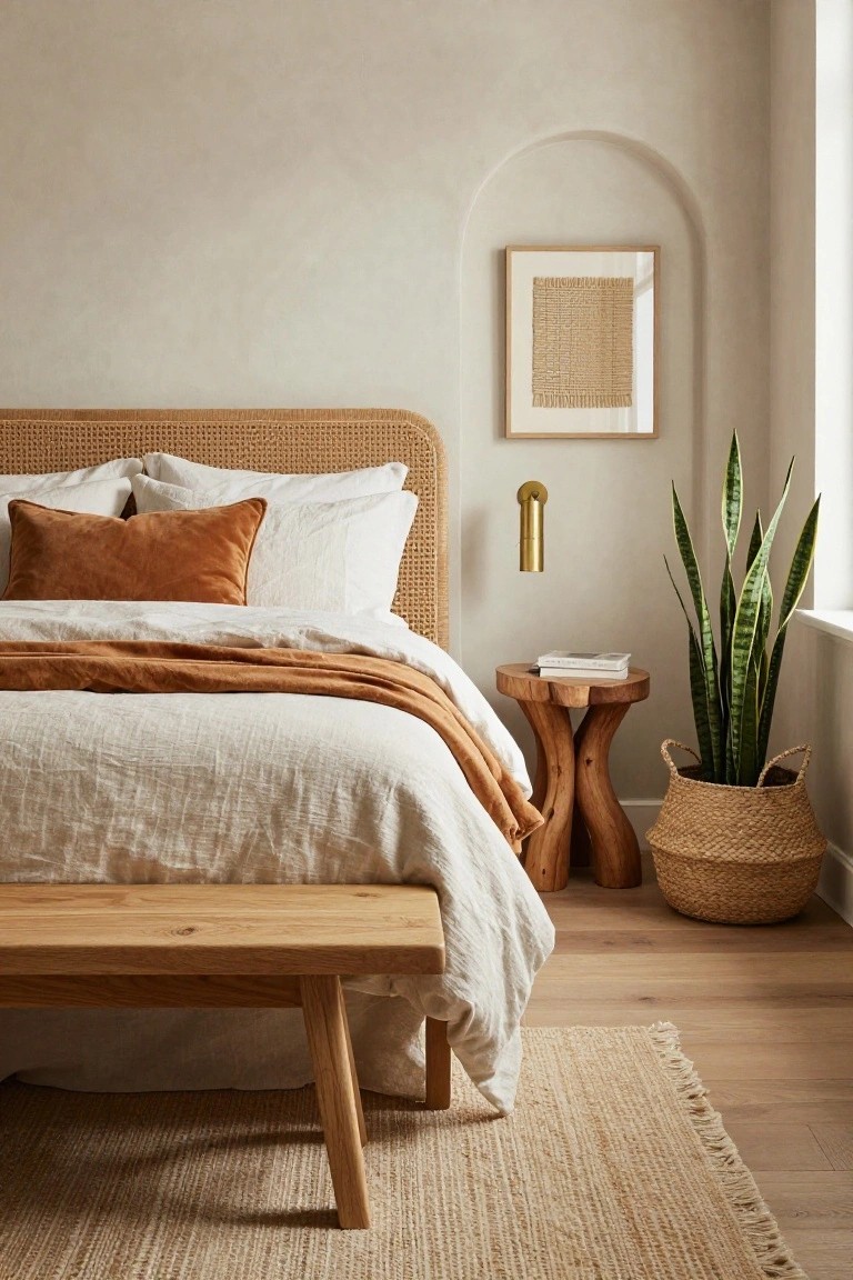 Bedroom with beige walls and arched niche holding framed woven artwork, rattan headboard on bed with white linen sheets, terracotta orange pillows and throw, wooden bench at foot of bed, wood stool with book next to snake plant in seagrass basket, seagrass rug on light hardwood floor.