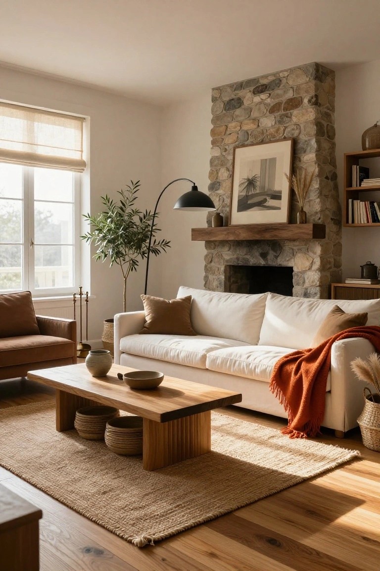 Living room with tall stone fireplace, white sofa with rust throw and pillows, wood coffee table holding ceramics and baskets, olive tree floor lamp, large windows with sheer shades, and beige rug on wood floors.