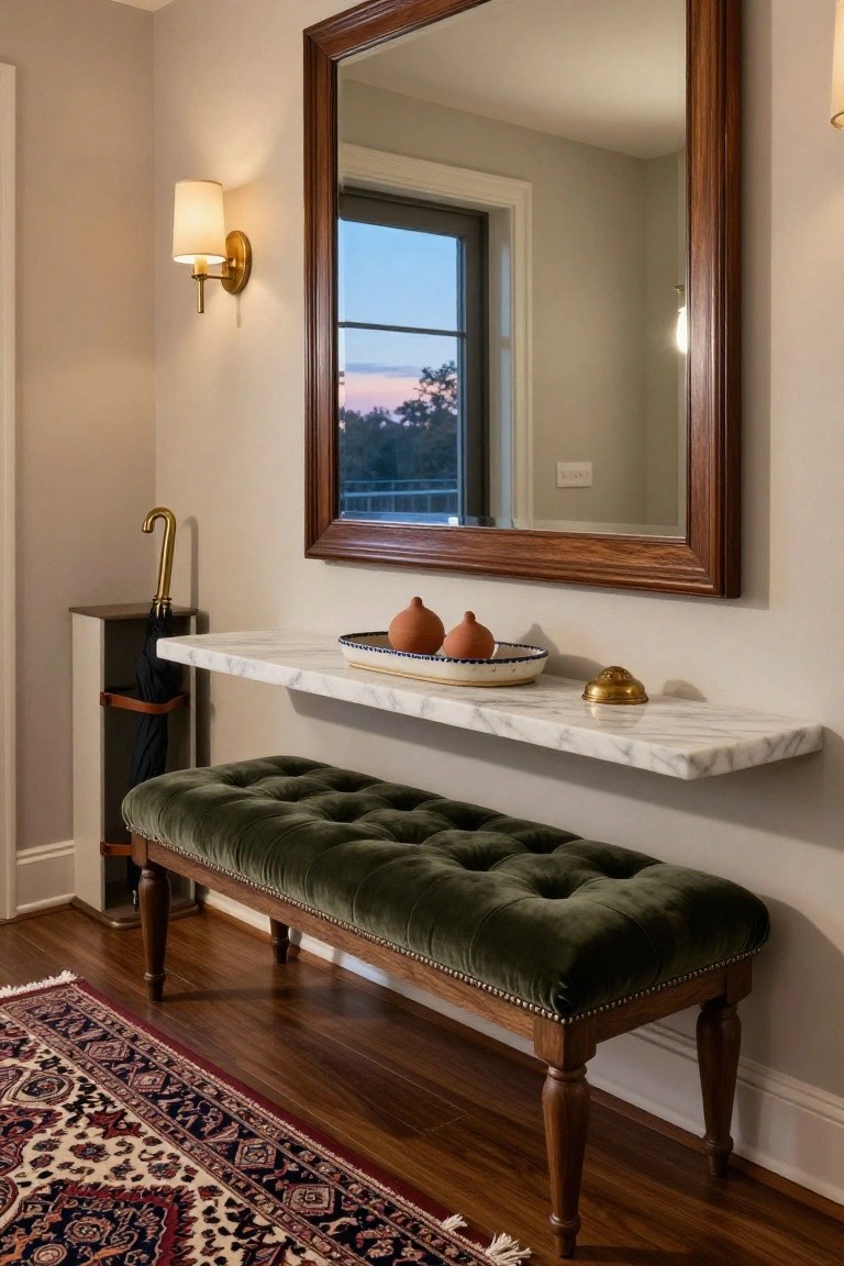 Entryway interior with green tufted velvet bench on wood legs, floating white marble shelf holding terracotta pots and brass dome, umbrella stand, large wood-framed mirror, wall sconce, and window with sunset view.