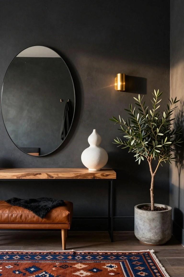 Dark entryway with charcoal walls, live-edge wood console table topped by white gourd-shaped vase, round black mirror above, olive tree in gray concrete pot beside table, tan leather bench with black fur throw, gold wall sconce, and patterned rug on wood floor.