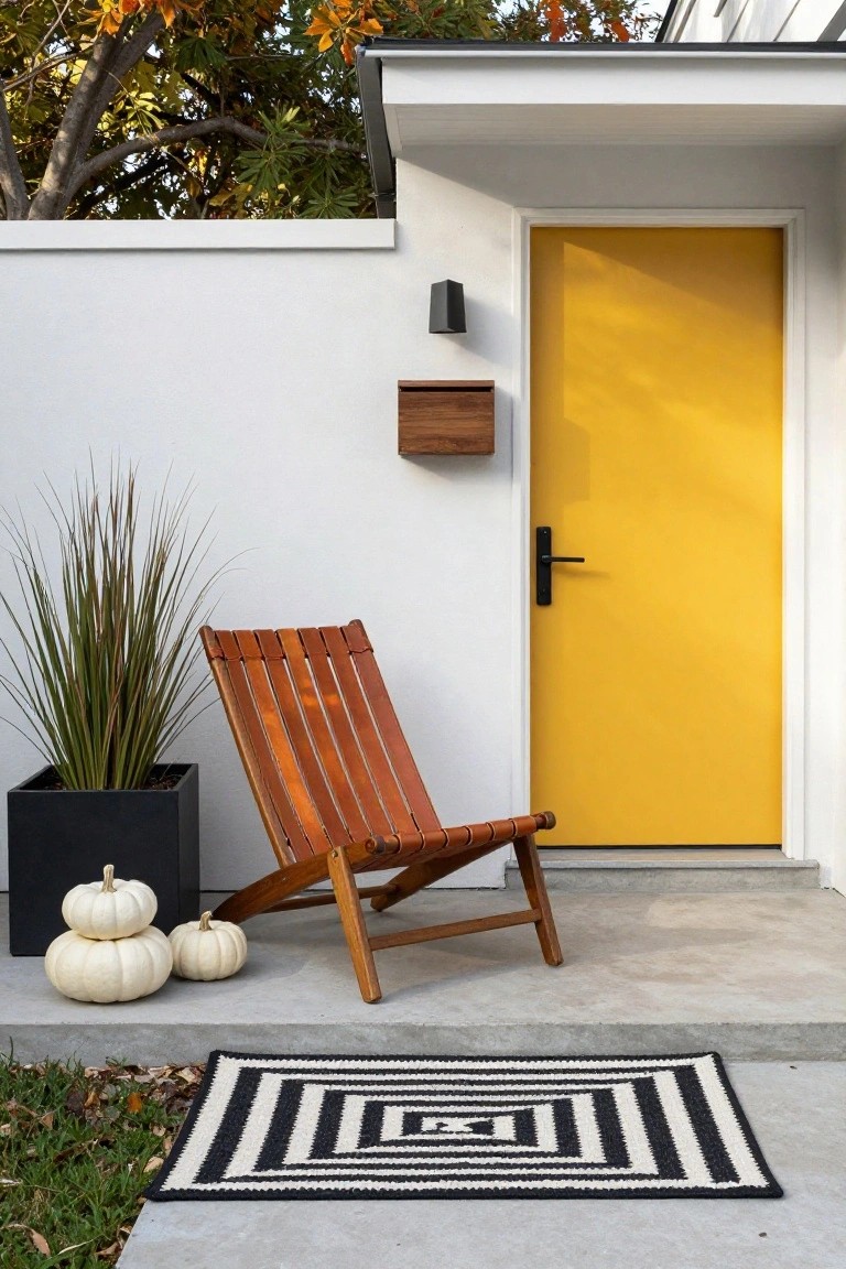 White stucco house facade with yellow front door, black wall light, wood mailbox, tan slat lounge chair, black planter with tall grass, white pumpkins, and black-and-white geometric rug on concrete stoop.