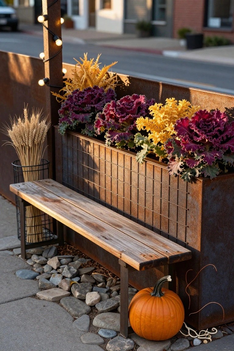 Wooden bench positioned against a tall rusted metal planter box filled with purple and yellow ornamental kale, wheat stalks, and fall grasses, with a pumpkin and string lights nearby on a gravel-edged sidewalk.