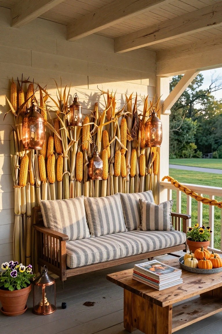 Porch swing with striped cushions and wooden coffee table on a deck, backed by vertical corn stalks with hanging copper lanterns, pumpkins on the table, potted plants nearby, and fall scenery in the background.