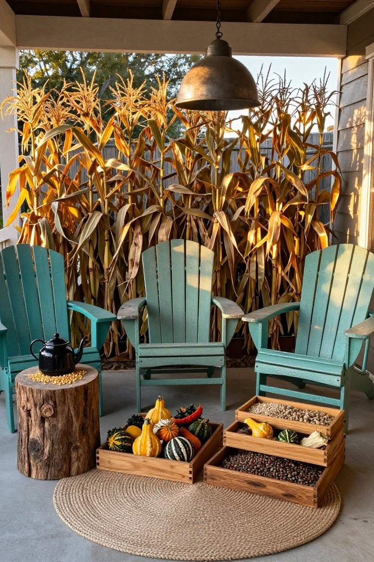 Covered porch with three turquoise Adirondack chairs around a tree stump table holding a black teapot and corn kernels, stacked wooden trays filled with gourds beans nuts and corn husks, and dense tall corn stalks as backdrop.