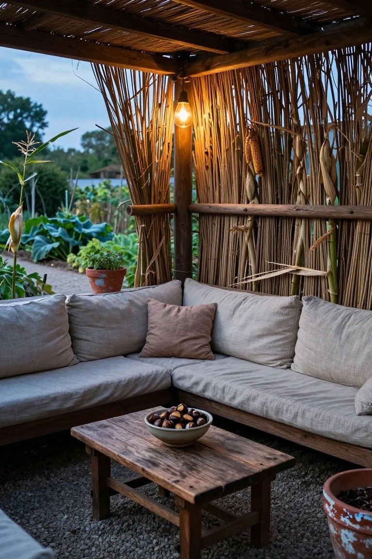 Outdoor corner sofa with beige cushions under a thatched roof, enclosed by tall corn stalks, wooden low table with bowl of chestnuts in foreground, gravel ground and garden plants visible.