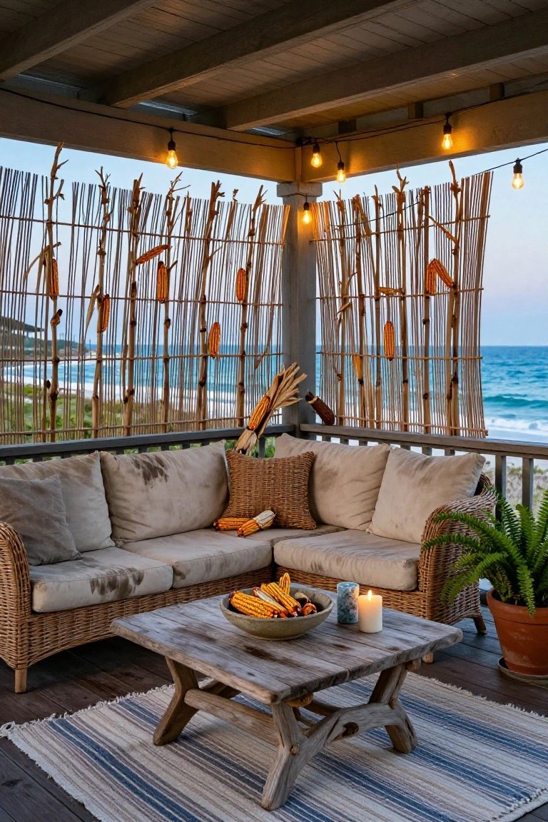 Covered wooden porch with beige rattan sofa and coffee table holding corn ears in a bowl, tall corn stalk privacy screens along railing, string lights overhead, potted fern, and ocean view in background.