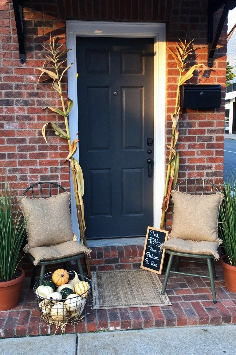 Brick house porch with navy blue front door flanked by tall dried corn stalks, two metal chairs with burlap cushions, potted plants, a basket of assorted pumpkins, and a chalkboard sign reading
