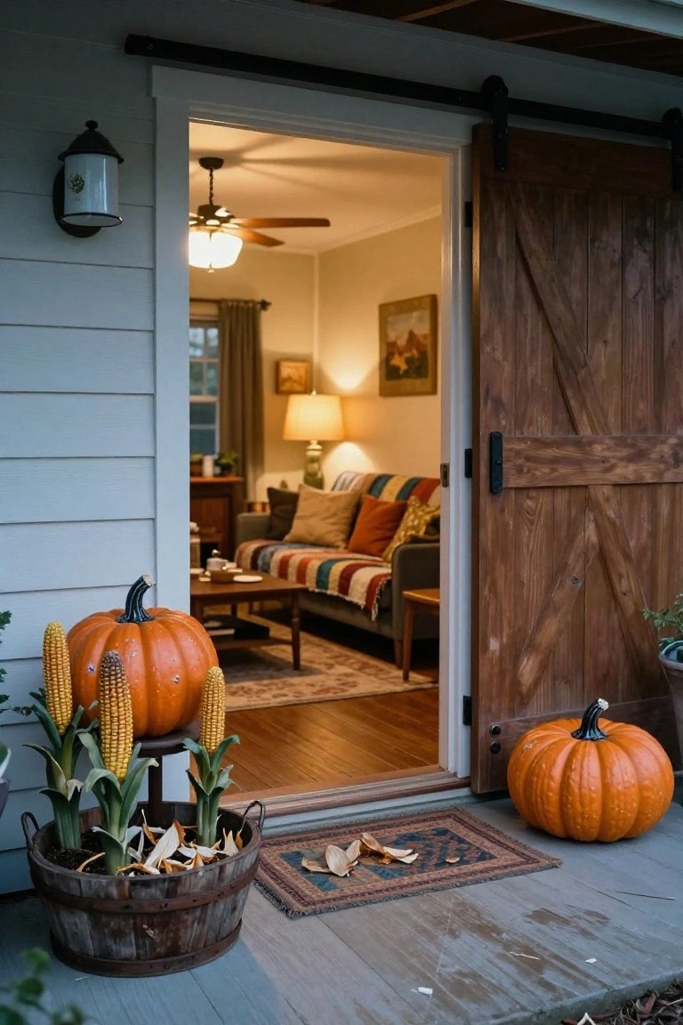 Front porch of a light blue house with open wooden sliding door revealing a living room interior, corn stalks in a wooden barrel planter, pumpkins, and a colorful rug on the doorstep.