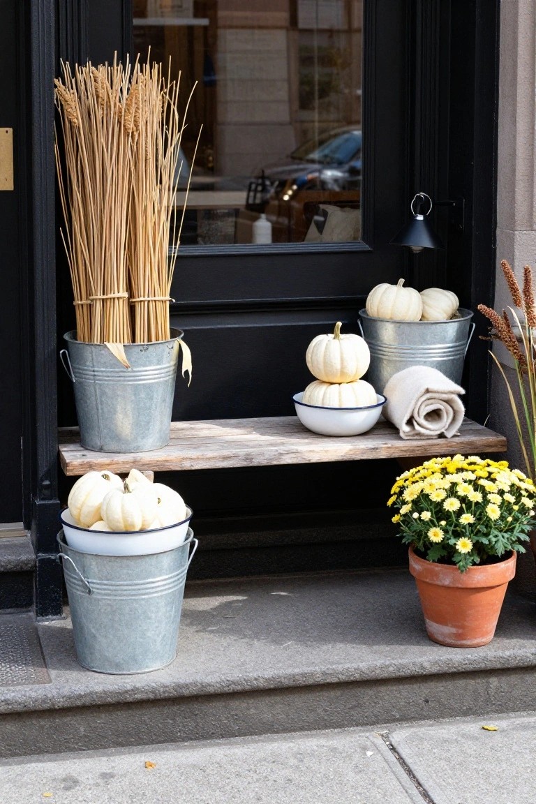 Front stoop of a rowhouse with black door and glass panels, decorated with bundled wheat stalks in a tall galvanized bucket, stacked white pumpkins in metal buckets and a white bowl, folded beige towels on a wooden bench, potted yellow mums in a terracotta pot, and pampas grass nearby.