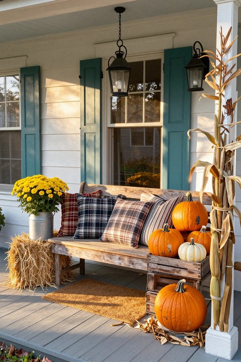 Rustic front porch with weathered wooden bench holding plaid pillows and orange pumpkins, hay bales nearby, yellow mums in a metal bucket, and corn stalks tied to white posts beside a house with teal shutters.