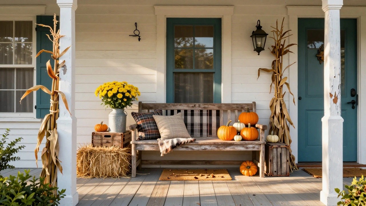 Rustic front porch with weathered wooden bench holding plaid pillows and orange pumpkins, hay bales nearby, yellow mums in a metal bucket, and corn stalks tied to white posts beside a house with teal shutters.