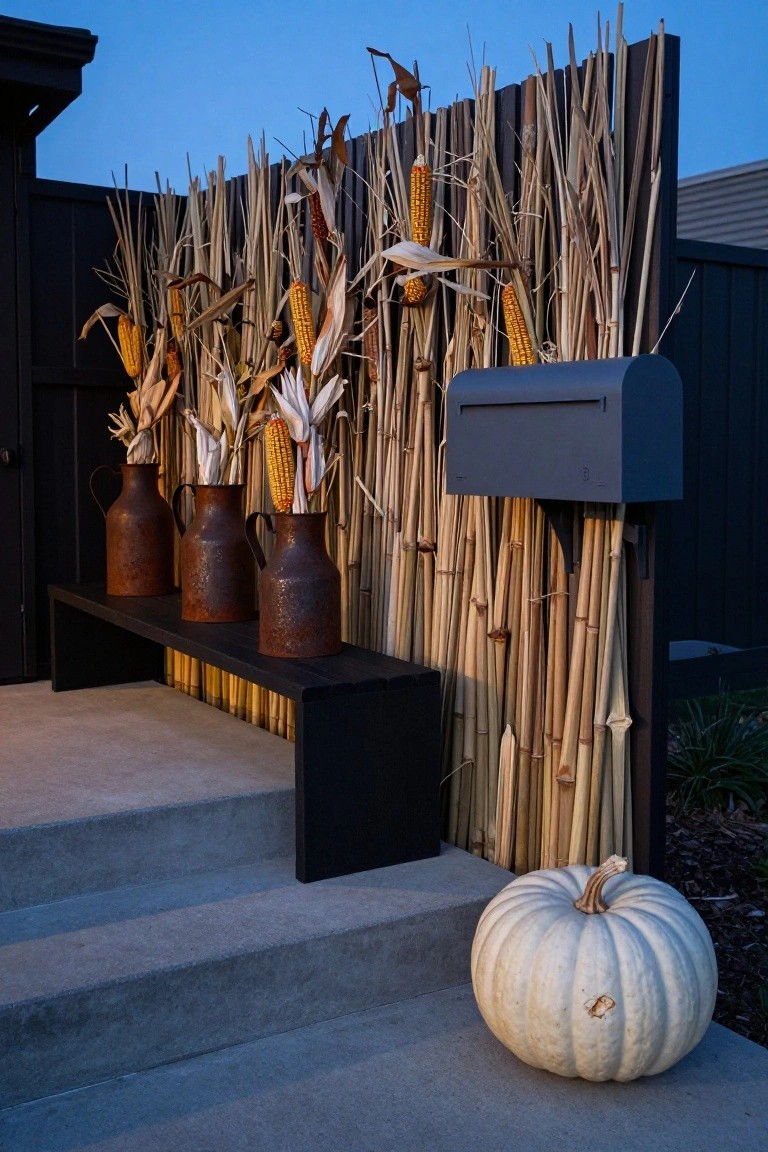 Front porch steps with a black bench holding three rusty metal jugs filled with corn stalks and ears, backed by a tall fence of reeds and corn stalks, a gray mailbox mounted on the fence, and a white pumpkin on the concrete beside the steps at dusk.