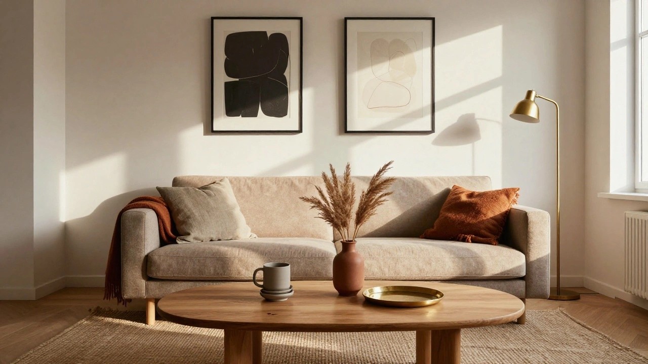 Minimalist living room corner featuring a low tan corduroy sofa with beige pillow and rust throw, round wooden coffee table with white mugs and terracotta vase, pampas grass, gold tray, abstract black art prints on beige wall, brass floor lamp, seagrass rug, and window with radiator.