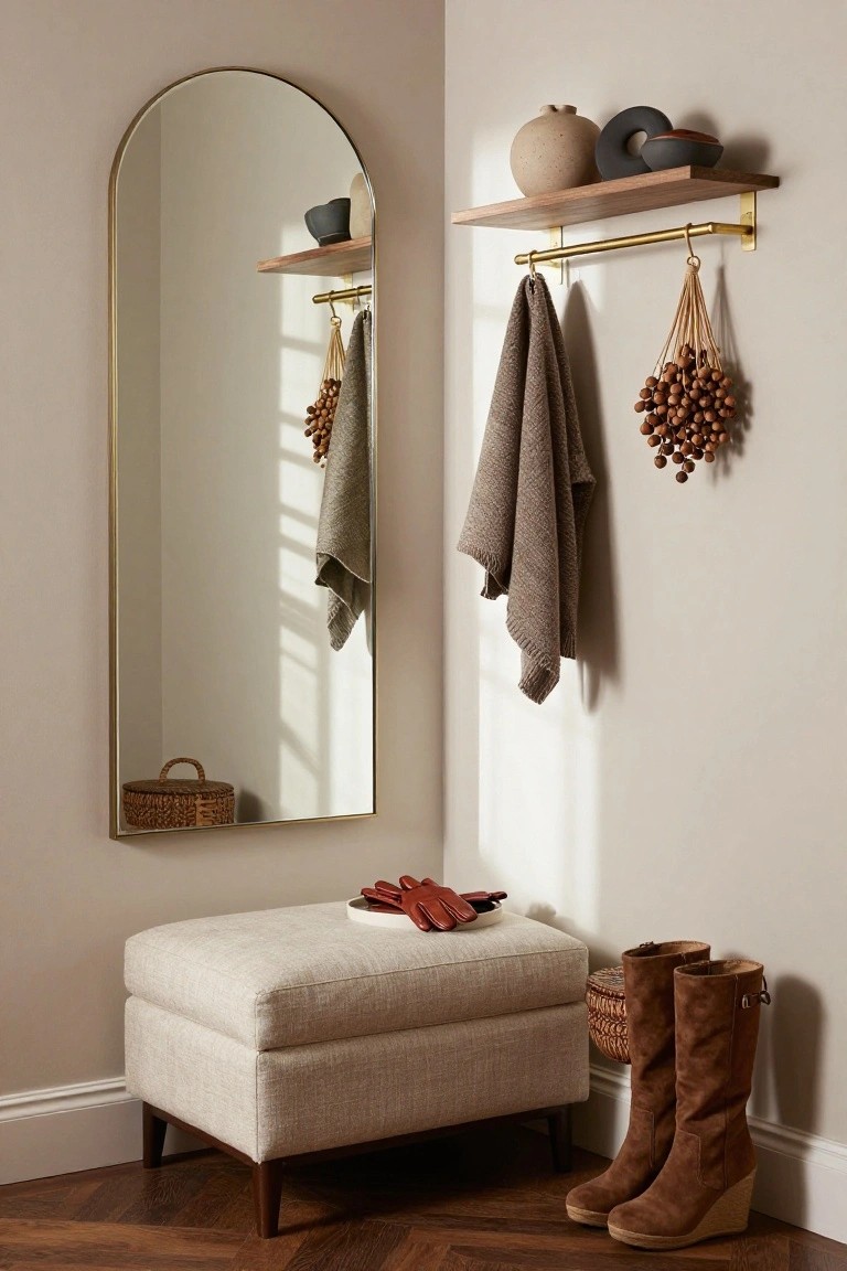 Tall arched brass mirror in a beige corner room with wood shelf holding pottery above a brass rod with hanging gray towels and chestnut garland, fabric ottoman with red gloves and suede boots on herringbone wood floor.