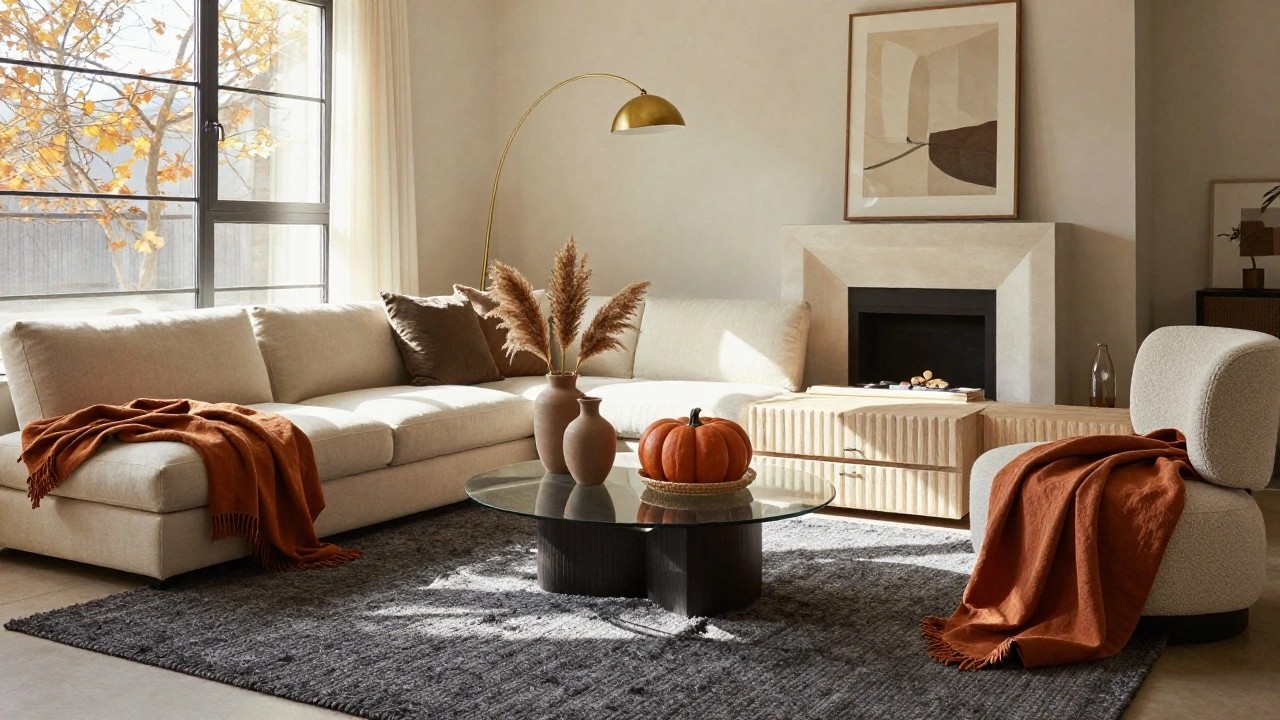Modern living room with beige sofa, wood coffee table holding a pumpkin in a rattan tray, ottoman with terracotta throw, pampas grass in terracotta vase, gold arc lamp, large abstract beige artwork, and window showing fall trees outside.