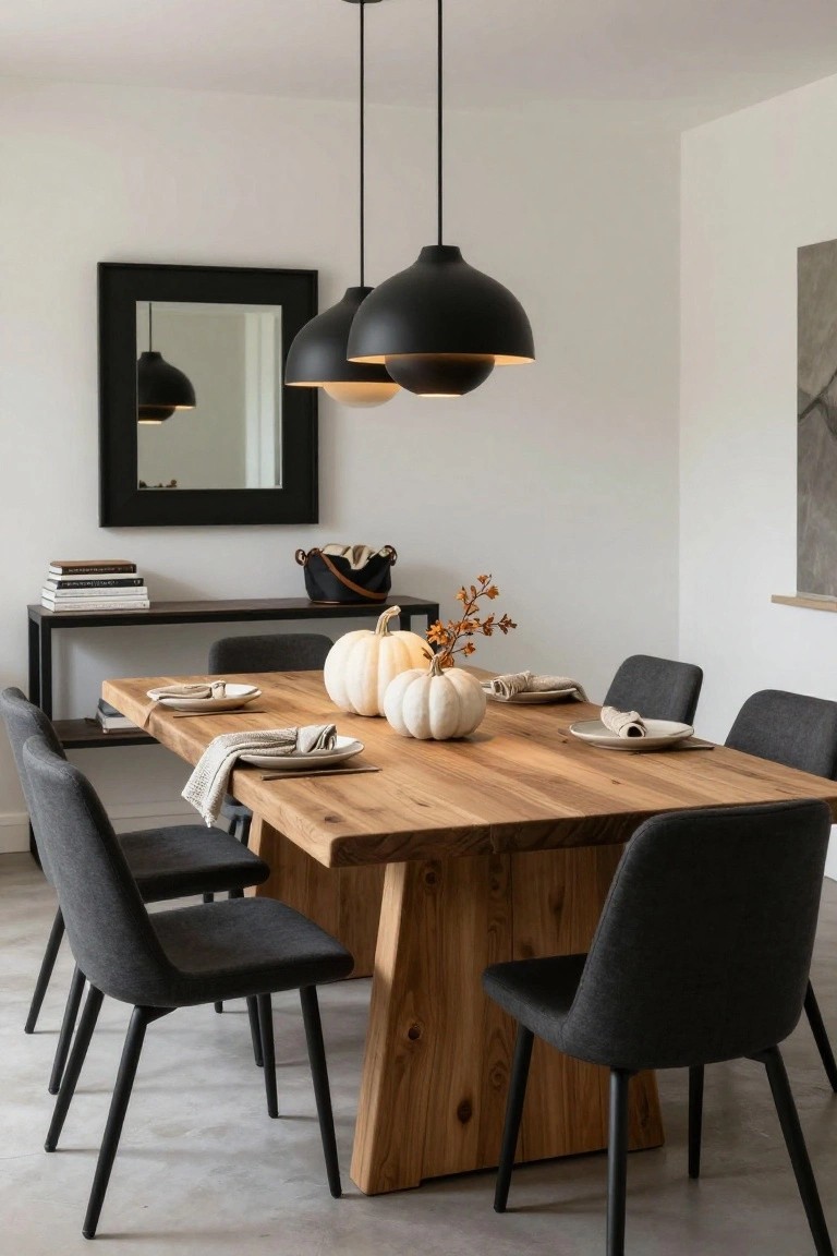 Modern dining room with live-edge wooden table, gray upholstered chairs, white pumpkins, set plates with linen napkins, black metal console table, and black pendant lights over the table.