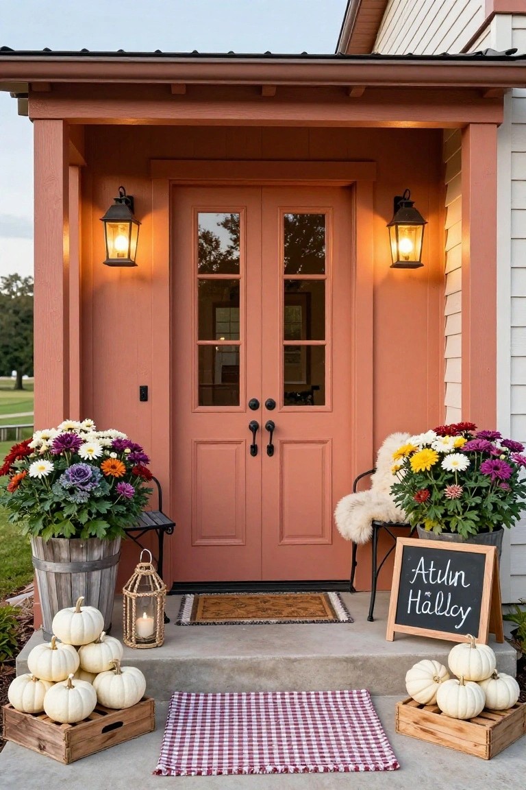 Rustic farmhouse front porch with orange double doors, wall lanterns, large potted colorful chrysanthemums flanking the entry, metal bench with white fur cushion and "Autumn Halløy" sign, stacked white pumpkins in wooden crates on steps, gingham rug, and fall lanterns.