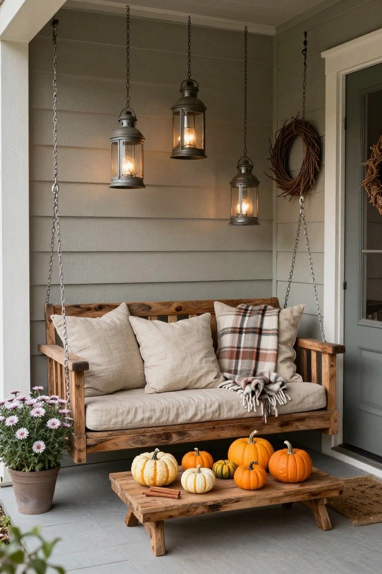 Rustic wooden porch swing with cream cushions, plaid blanket, and pillows hangs from chains beside a gray front door with wreath, surrounded by hanging metal lanterns, potted daisies, and a low wooden table displaying various pumpkins and cinnamon sticks on a porch.