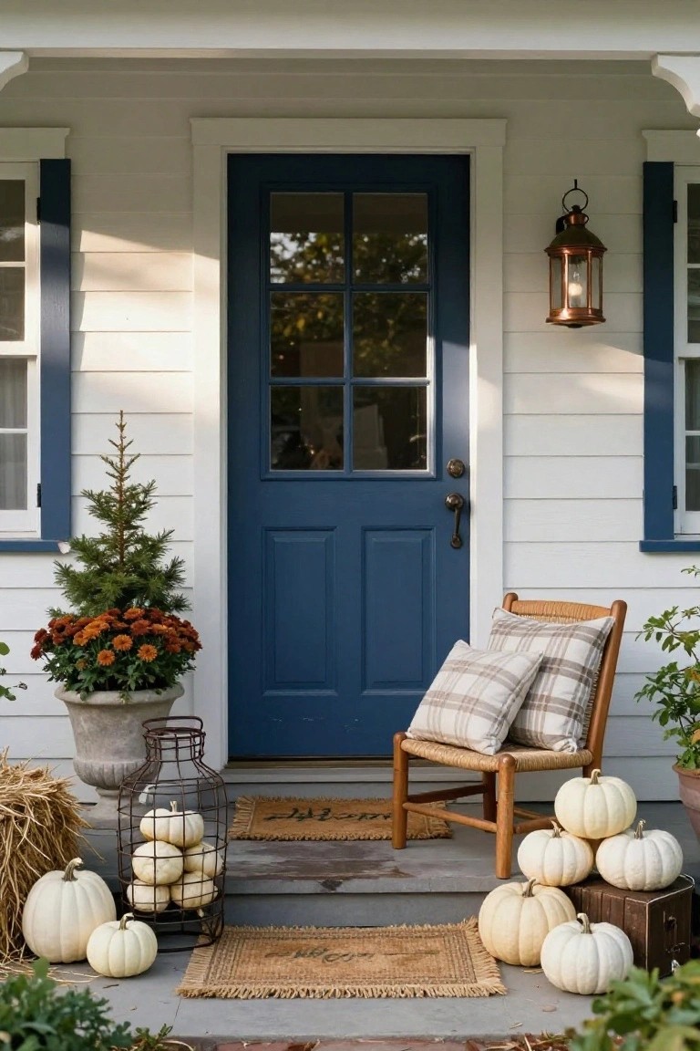 White clapboard house with navy blue front door and shutters, small potted evergreen and mum planter on left steps, wicker rocking chair with plaid pillows on right, white pumpkins in wire basket and wooden crate on concrete steps with woven mats.