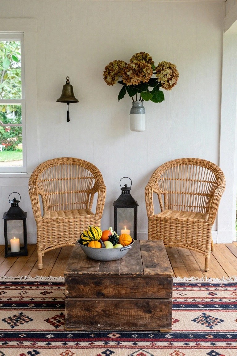 Two wicker chairs flank a rustic wooden chest with autumn decor.