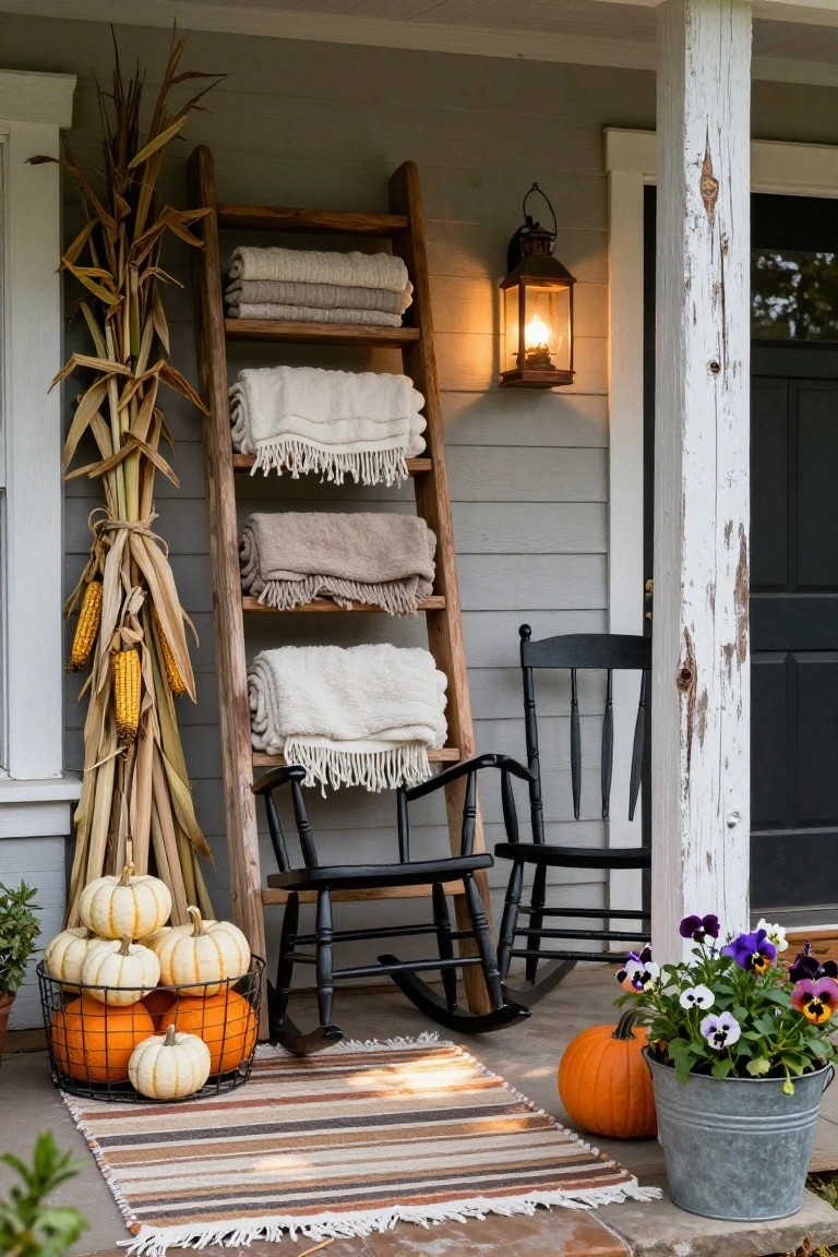 Rustic front porch with wooden ladder holding stacked neutral blankets, tall cornstalks with ears of corn, wire basket of white and orange pumpkins, two black rocking chairs, hanging lantern, striped rug, single pumpkin, and metal bucket of purple pansy flowers.