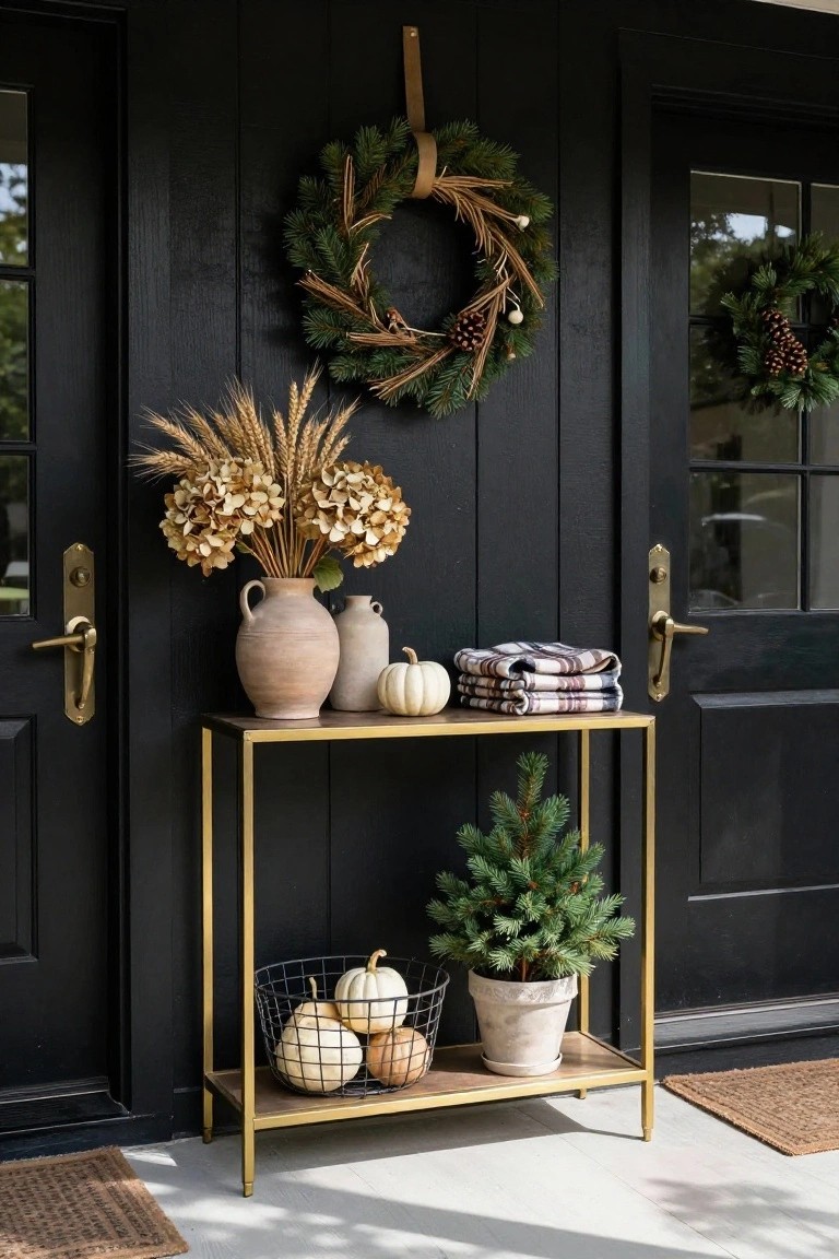 Black front porch with gold console, wreath, pumpkins, and holiday decor.