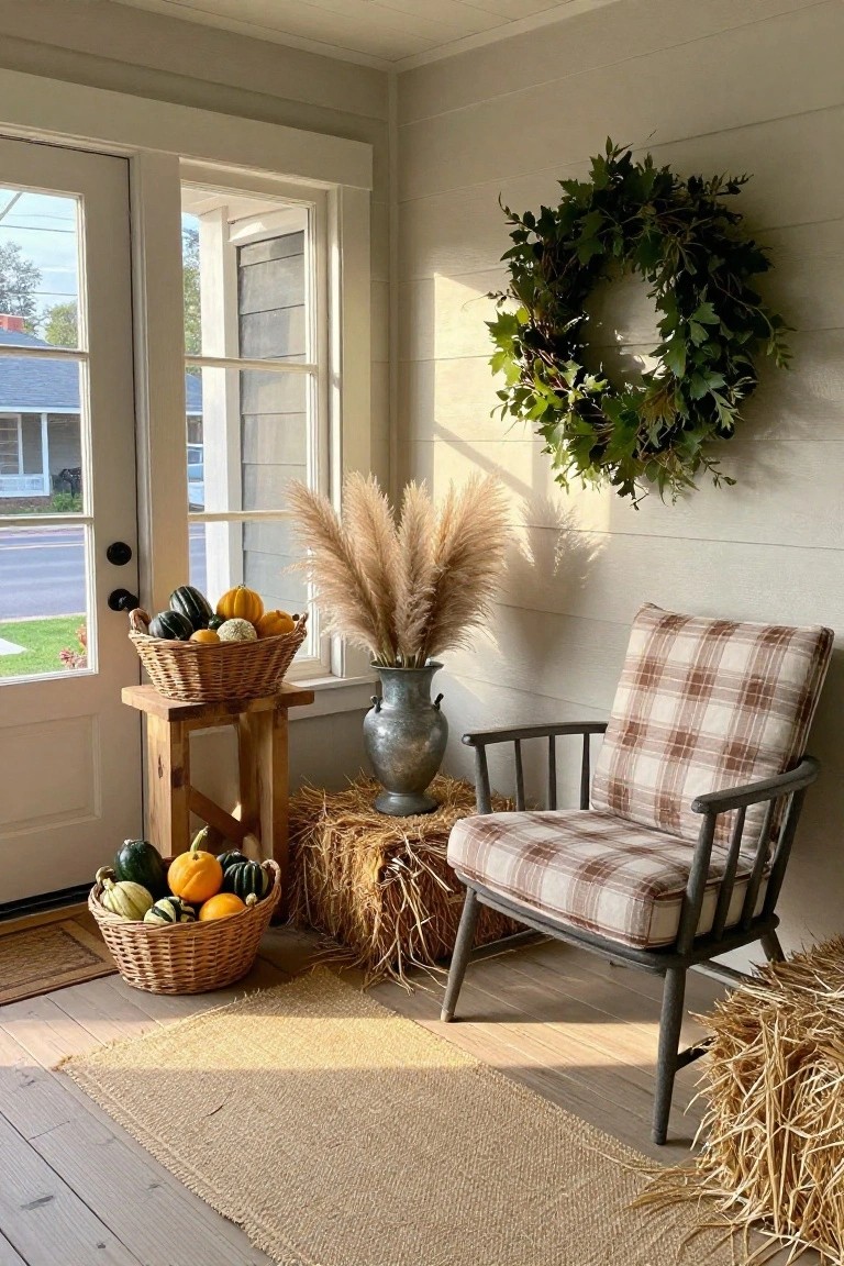 A beige plaid armchair on stacked hay bales in a light shiplap-walled porch corner, with pumpkin baskets, pampas grass in a metal vase, ivy wreath on wall, seagrass rug, and door plus windows showing street view.