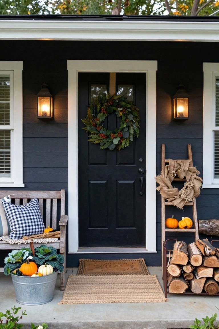 Dark shingled front porch with black door and evergreen wreath, flanked by lanterns, wooden bench with pillows and potted kale and pumpkins, ladder holding burlap wreath and pumpkins, and firewood rack beside steps.