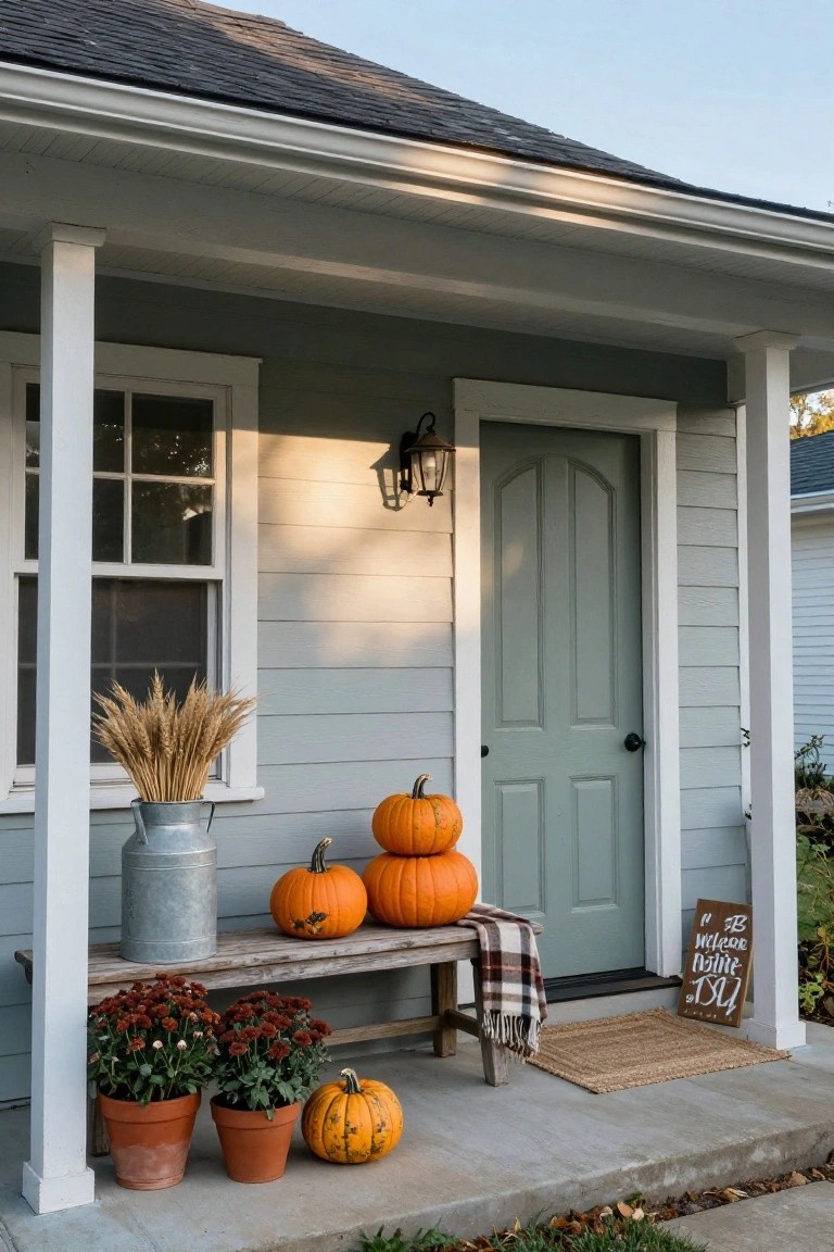 Light green clapboard house front porch with white columns, featuring stacked orange pumpkins on a wooden bench with plaid blanket, potted red mums, galvanized bucket of wheat stalks, small pumpkin, lantern light, and wooden welcome sign.