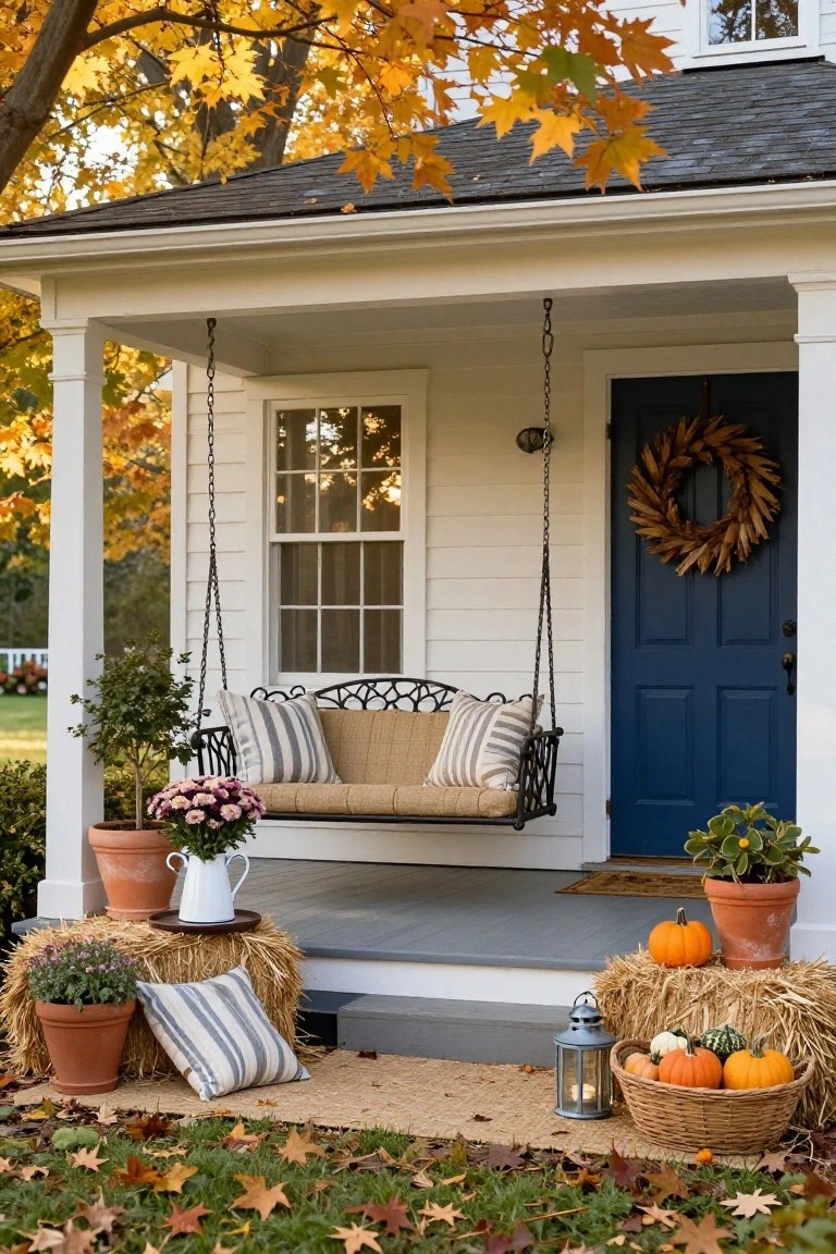 White clapboard house with dark blue front door and hanging black metal porch swing with beige cushions, striped pillows, hay bales, pumpkins, potted plants, and autumn leaves on the front porch steps.